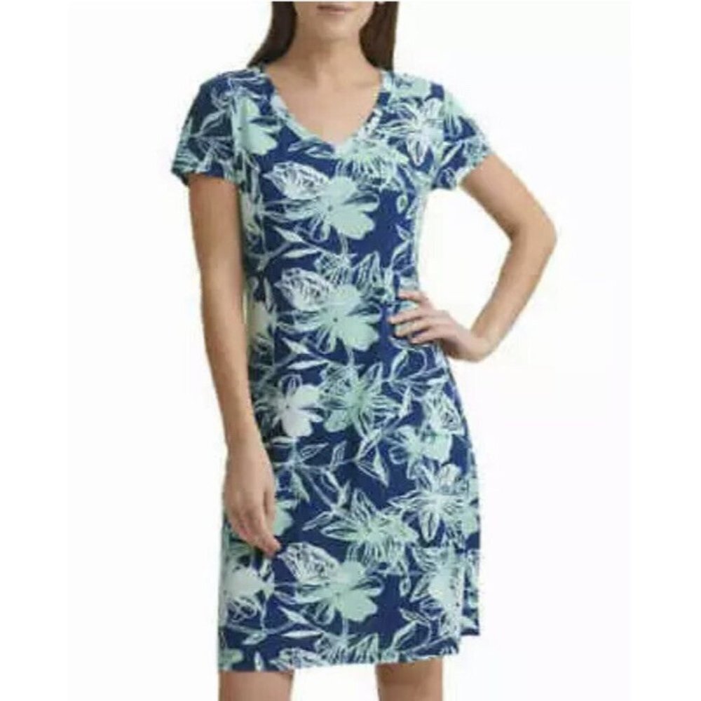 Marc New York Women's‎ Short Sleeve V-Neck Dress, Floral Pockets SZ L